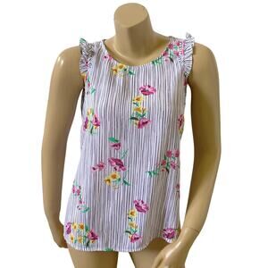 ELLE Womens Size XS Sleeveless Ruffled Striped Floral Print Tank Top Shirt